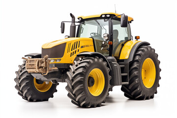 Agricultural yellow tractor on white background. Topics related to agriculture. Topics related to the agricultural world. Image for graphic designer. Agricultural job offer. Organic farming.