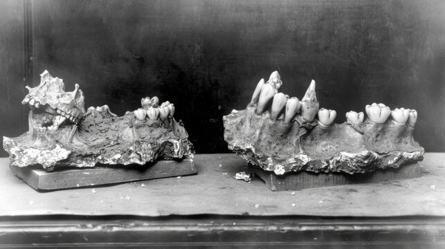 Two teeth are on a table, one of which is missing. The teeth are old and worn, and the image has a somber, eerie mood