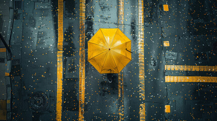 Take an overhead shot, below the tall building, on the rainy street. A man is holding a yellow umbrella, and the umbrella is running across the street. The raindrops fall down near a large surface, bl