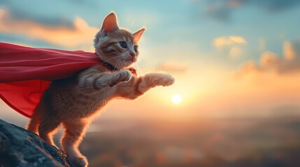 Brave kitty in a vivid red cape, flying high in a pastel dawn, a tiny protector of the skies - obrazy, fototapety, plakaty