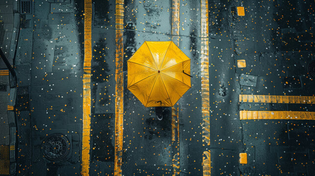 Take an overhead shot, below the tall building, on the rainy street. A man is holding a yellow umbrella, and the umbrella is running across the street. The raindrops fall down near a large surface, bl