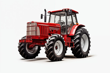 Obraz premium Agricultural red tractor on white background. Topics related to agriculture. Topics related to the agricultural world. Image for graphic designer. Agricultural job offer. Organic farming.