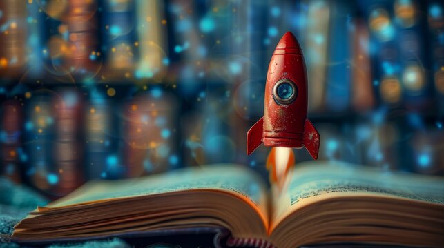 A symbolic ascent from the pages of learning, a red rocket captures the spirit of education