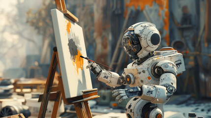 A futuristic robot artist painting on a canvas in a contemporary art studio surrounded by scattered art supplies. - obrazy, fototapety, plakaty
