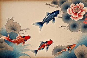 Watercolor composition of koi fish painting with Japanese colored carps swimming in a pond.