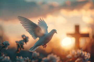 The Holy Spirit is represented by a dove gracefully soaring in front of a cross at dawn