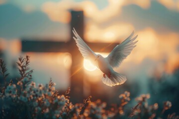 A dove flies gracefully in front of the cross at dawn, symbolizing the presence of the Holy Spirit