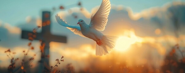 A serene image of a dove flying in front of a cross, symbolizing the Holy Spirit