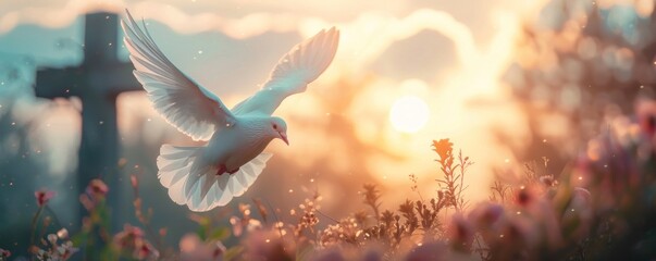A serene image that captures the essence of the Holy Spirit with a dove and cross