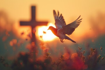 The light of dawn illuminates with a serene radiance the dove and cross, symbolizing the Holy Spirit