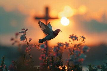 Dawn scene with a flying dove and a cross capturing the essence of the Holy Spirit