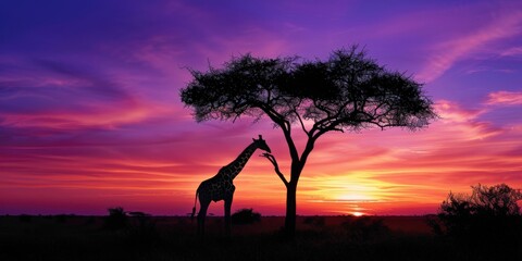 A solitary giraffe eating from an acacia tree, its silhouette a stark contrast against the...