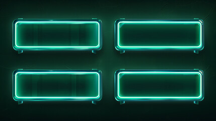 Four horizontal neon signs glowing against dark background.