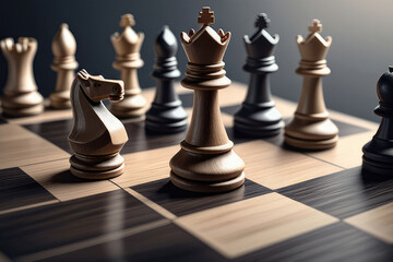 Strategic chess game showcases chessboard with various pieces arranged for game. - 793817779