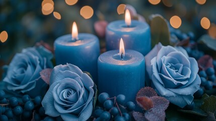blue candles and blue roses with bokeh blur light in the background. 