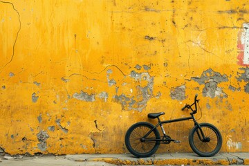 Image from the 2000s: a black BMX bike leaning against a yellow wall.