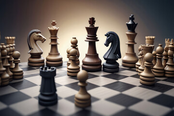 Strategic chess game showcases chessboard with various pieces arranged for game. - 793817924
