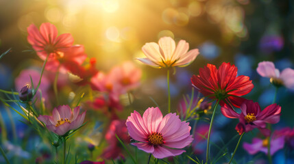 Closeup of red and pink Cosmos flower under sunlight 