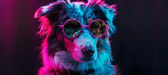 A carnivore Dog wearing Electric blue sunglasses in neon light
