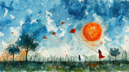 sunny day in the park, where children fly kites and mothers watch happily, Illustration on textured paper, created with pencil and watercolor
