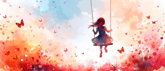 Naklejka premium Watercolor painting of a cute princess swinging with butterflies, creating a whimsical and enchanting scene.