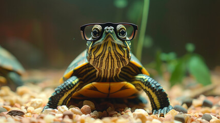 Adorable green turtle wearing glasses posing in front of studio background.