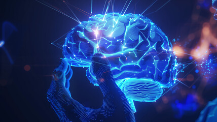 glowing neon light brain. Artificial intelligence neural system,