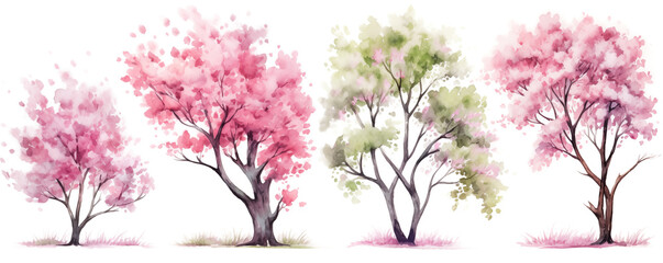 Tree set in spring colors isolated on white, tree collection, spring blossom, watercolor illustration generative ai
