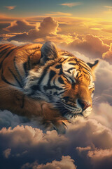 A tiger sleeping on a cloud, drifting through a sky of changing colors , hyper realistic, low noise, low texture