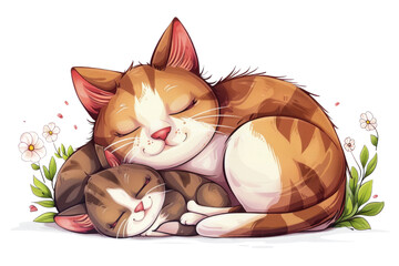 Cartoon illustration of cute mother cat hugging baby kitten isolated