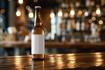 Chilled Beer Bottle with Blank Label on Wooden Bar Counter