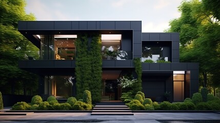 Black luxury and modern new house construction with beautiful garden decorations.