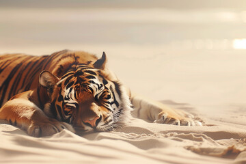 A tiger sunbathing on a beach with golden sands and a sun that never sets , hyper realistic, low noise, low texture