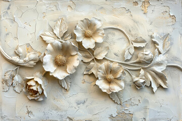 Texture of plaster with decorative flowers. Detailed stucco relief with floral designs in classical style - obrazy, fototapety, plakaty