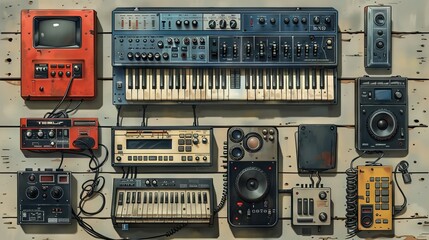 Set of retro and disco elements including synthesizers, tape recorders, phones and tape recorders - obrazy, fototapety, plakaty