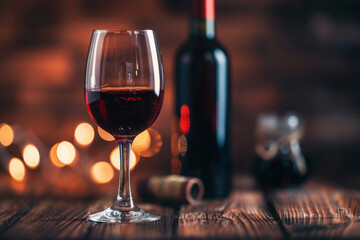Glass of red wine on wooden table with open bottle in background