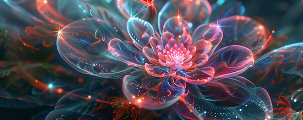Vibrant digital flowers with glowing lights