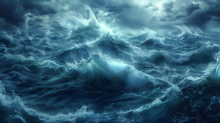 Dark turbulent sea with cresting waves under stormy skies.