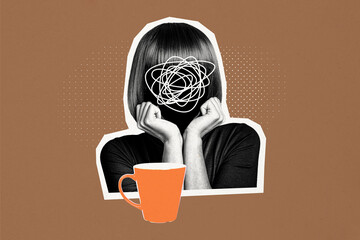 Composite photo collage of faceless brunette girl sit alone incognito tea cup beverage melancholy...