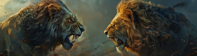 Lions engaged in a titanic duel , hyper realistic, low noise, low texture - obrazy, fototapety, plakaty