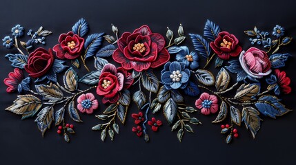 Embroidered pattern with roses on satin stitch. Fashion ornament for neck. Black background with ethnic fashion motif. - obrazy, fototapety, plakaty