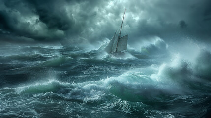 Sailing ship braving tumultuous sea and stormy skies