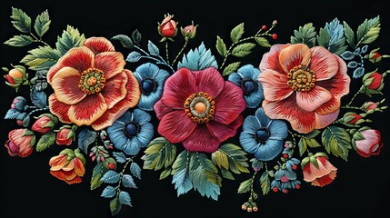 Fototapeta premium This embroidery design features roses in satin stitch. Folk line floral trendy pattern for dress collars. Ethnic fashion ornament for necks in black.