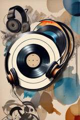 A collage of different music-related elements such as vinyl records, headphones and turntable.