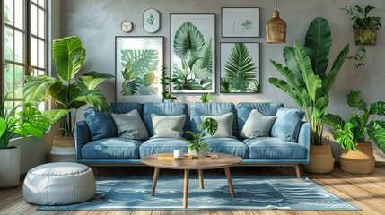 The interior of the living room is full of comfortable furniture and home decorations - a comfortable couch, armchairs, coffee tables, house plants, floor lamps, wall pictures. This is a modern - obrazy, fototapety, plakaty