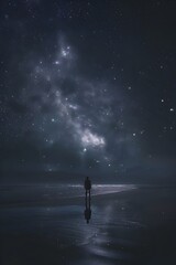 Solitary Figure Dwarfed by the Magnificence of the Milky Way on a Serene Beachscape at Nightfall