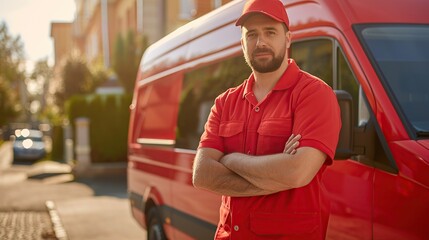 Delivery man wearing blue uniform standing in front of his van. copy space for text.