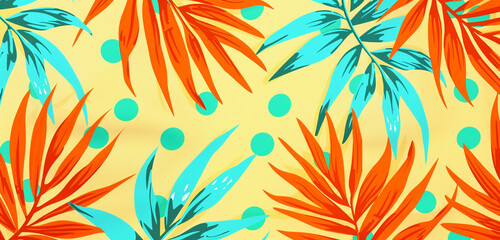 Sunflower yellow backdrop for orange palm leaves and turquoise polka dots. - obrazy, fototapety, plakaty