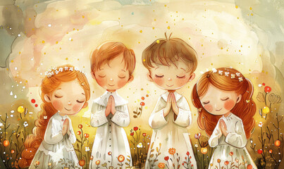 First Holy Communion. Four children in white clothes after the Christian sacrament. Greeting card or invitation