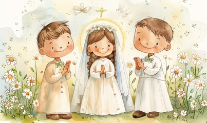 First Holy Communion. Smiling children in white clothes after the Christian sacrament. Greeting card or invitation
